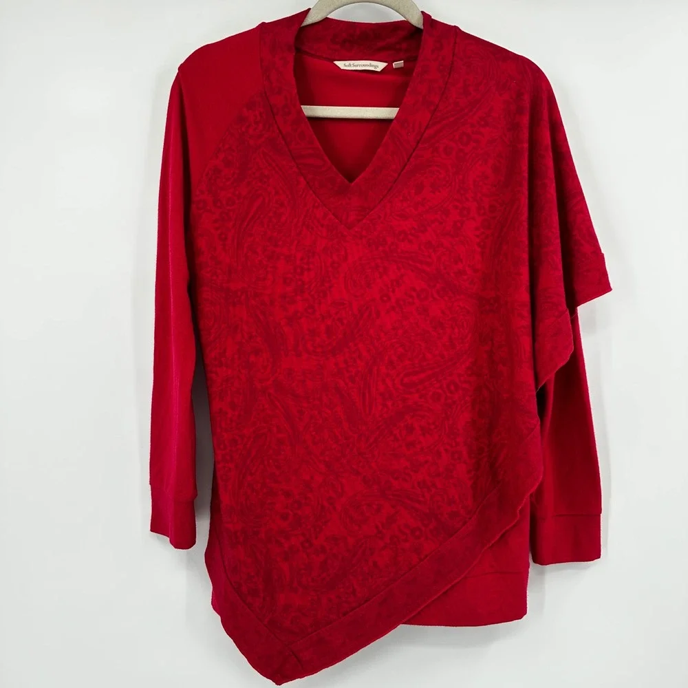 Soft Surroundings Red Paisley Asymmetrical‎ V-Neck Tunic Top PXS Drape Layered